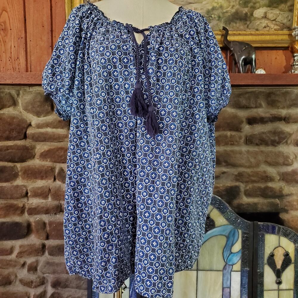 Ellos Blue Floral Tassel Peasant BOHO Blouse Top Plus Size 2X 26/28 Cotton